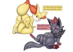 after_vore anus digestion female female_pred fennekin feral generation_5_pokemon generation_6_pokemon genitals mammal nintendo poisonsneksoffie pokemon pokemon_(species) smile smirk vore vulva zorua