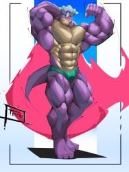 arm_behind_head bara bicep_curl biceps big_chest big_muscles big_pecs big_thighs bodybuilder brawl_stars buff bulge chest dinosaur gay grin grinning grinning_at_viewer huge_chest huge_muscles huge_pecs huge_thighs lizardman muscular muscular_male pecs pierce_(brawl_stars) speedo tall tall_male thick_thighs yaoi