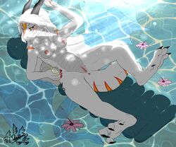 2016 anthro anus beverage breasts claws dragon dreiko94 female hair half-closed_eyes horn looking_at_viewer lying nipples nude on_back outside presenting pussy relaxing scalie solo spread_legs spreading swimming_pool water wings yellow_eyes