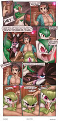 2017 absurd_res angry areola black_hair blowjob blue_eyes blush breasts clothing comic crying cum cum_in_mouth cum_inside english_text fellatio female female_gardevoir gallade gardevoir gothitelle hair hi_res human human_on_humanoid humanoid male male_human mammal masterploxy nintendo nipples open_mouth page_83 pokemon pokemon_(species) pokemon_rse purple_eyes red_eyes sex speech_bubble straight tears teeth text tongue video_games