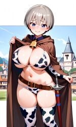 ai_generated bell belt big_ass big_breasts bikini bikini_bottom bikini_top blue_eyes blush breasts cape castle cloak cow_bell cow_print cow_print_bikini cowgirl grey_hair looking_at_viewer medieval midriff navel nervous nervous_smile outdoors outside public randomand rapier shy stockings sword thick_thighs thighhighs thighs tight_clothes tight_clothing tight_fit uzaki-chan_wa_asobitai! uzaki_hana village