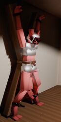1:2 anthro arms_above_head belt_bondage bondage bondage_furniture bound fur genitals hi_res machine male male_focus male_only musk musk_cloud nude penis protogen red_body red_fur restrained_arms restrained_legs saint_andrew's_cross solo spectrallime standing