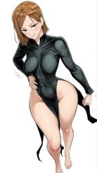 ai_generated barefoot big_hips brown_eyes brown_hair clothed_female cosplay empty_background half-closed_eyes high_resolution jujutsu_kaisen kugisaki_nobara looking_at_viewer medium_breasts modeling niamy seductive_look short_hair skinny smug_smile standing tall thick_thighs white_background wide_hips