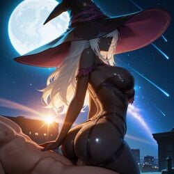 1boy ai_generated arched_back ass bare_shoulders black_bodysuit black_gloves black_headwear black_skin bodystocking bodysuit breasts clothed_female_nude_male colored_skin covered_eyes cowgirl_position dark_skin elbow_gloves elden_ring elden_ring_nightreign full_moon hat large_breasts large_hat long_hair moon night night_sky nude outdoors parted_lips penis recluse_(nightreign) reverse_cowgirl_position sex sex_from_behind shooting_star sky smile solo_focus star_(sky) starry_sky straddling straight twoderrick uncensored vaginal_penetration white_hair witch_hat