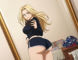 ai_generated ass bed bedroom black_shirt blonde_hair bookshelf breasts bubble_butt cellphone dolphin_shorts female female_only holding holding_phone indoors large_breasts long_hair long_sleeves looking_back mirror phone reflection selfie shirt short_shorts shorts smartphone smile solo thighs underbutt yellow_eyes