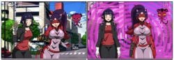 angry animal_ears bangs before_and_after black_eyes black_hair bodysuit cameltoe claws clothed dlobo777 empty_eyes expressionless femsub fingerless_gloves gloves heavy_eyelids hypnosis jacket juleka_couffaine kyoka_jiro latex lipstick long_hair mask miraculous_ladybug my_hero_academia open_mouth orange_eyes outdoors pants ponytail purple_hair purple_lipstick red_skin shirt short_hair spiral_background standing_at_attention straight-cut_bangs super_hero thigh_gap