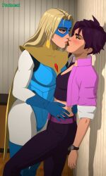 2girls 3dcg ai_assisted ai_generated bare_belly belly belt belt_buckle blonde_blazer blonde_female blonde_hair blue_eyes breasts brown_eyes brown_lips cel_shading clothed dispatch_(game) female female/female female_only gloved_hands gloves grabbing half_mask invisigal jacket kiss kissing lesbian_kiss mask masked_female medium_breasts messy_hair multicolored_bodysuit pants protocat short_hair short_hair_female slender slender_body slender_waist slim slim_waist superhero superhero_costume thigh_boots waist waist_grab yuri