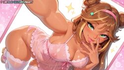 1girls ai_generated armpits babydoll blush breasts brown_hair cleavage clothing covered_nipples dark-skinned_female dark_skin double_bun female female_only flora_(winx_club) freckles green_eyes gyaru hair_bun hair_ornament hairband hi_res highres human human_only large_breasts legwear licking lillith_inferna_arts lingerie lips logo long_hair looking_at_viewer nail_polish nipples no_wings panties pantsu patreon persyarts pink_hairband pink_nails pink_panties reaching reaching_towards_viewer saliva see-through skindentation smile solo sparkle star_(symbol) star_hair_ornament sweat tan thighhighs thighs tongue tongue_out underwear watermark white_thighhighs winx_club
