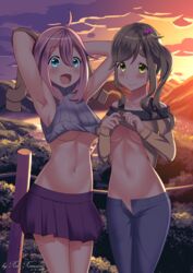 2girls armpits arms_up blonde_hair blue_eyes blush breasts evening groin hair_ornament inuyama_aoi kagamihara_nadeshiko looking_at_viewer medium_breasts multiple_girls navel no_bra oerba_yun_fang open_mouth open_pants pink_hair red_romanov shirt_lift skirt smile standing thick_eyebrows underboob yellow_eyes yurucamp