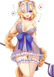 :d absurdres animal_ears blonde_hair blue_eyes blush bow breasts collar dog_collar dog_ears erect_nipples fake_animal_ears fate/grand_order fate_(series) female flagpole hairband heart highres jeanne_d'arc_(fate) large_bow large_breasts leg_garter lingerie long_hair negligee no_panties off_shoulder one_eye_closed open_mouth pussy see-through senbon_tsuki smile solo spoken_heart strap_slip translation_request underwear v very_long_hair