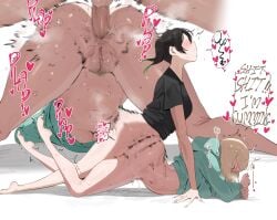 2girls anal anal_orgasm anal_penetration anal_sex announcing_orgasm ass black_shirt blonde_hair commentary english_commentary futa_on_female futa_with_female futanari green_hoodie highres hood hoodie love_live! love_live!_nijigasaki_high_school_idol_club mia_taylor multiple_girls multiple_views okpriko penis pussy sex sex_from_behind shirt short_hair squirting squirting_from_anal takasaki_yuu