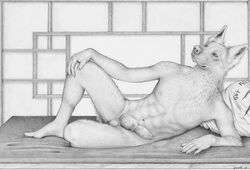 2016 abs animal_genitalia animal_penis aruhs balls canine canine_penis claws feet humanoid_feet knot knot_in_sheath male mammal navel nipples notched_ear nude pencil_(artwork) penis plantigrade pose precum sheath solo traditional_media_(artwork) white_shepherd