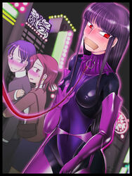 black_border blush bodysuit border collar dom03 elbow_gloves female femsub fully_clothed gag groping groping_breasts groping_own_breast groping_self latex latex_clothing latex_gloves leash long_gloves public purple_hair red_eyes shiny_clothes sweat tape tape_gag tight_clothing