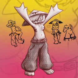 1:1 1_eye anthro asian_conical_hat barefoot belt big_pants blush blush_lines bodily_fluids bottomwear bottomwear_down breast_grab breast_play breasts casual_exposure clothed clothing commando demon digital_media_(artwork) elemental_creature elemental_humanoid embarrassed feet female flora_fauna freckled_face freckles genital_fluids genitals gradient_background grey_body hand_on_arm hand_on_breast hand_on_forehead hat headgear headwear humanoid leaf leaf_hair living_hat looking_at_viewer looking_away lying masturbation navel nipple_fetish nipple_play nipples no_underwear noseless open_belt orange_blush orange_fluids pants pants_down pants_undone partially_clothed paws pink_nipples plant plant_hair plant_humanoid pseudo_hair pulling_pants_down raised_arms sap simple_background small_breasts smile smiling_at_viewer smirk solo sparkles standing topless topless_anthro topless_humanoid treant tree tree_humanoid tree_sap undressing v-cut vaginal_fluids vulva wdkinc white_body woodock
