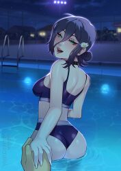 1boy 1girls 2d ass bikini bikini_bottom bikini_top breasts chainsaw_man choker denji_(chainsaw_man) eyelashes female female_focus flower flower_in_hair green_eyes hair hair_between_eyes hair_bun hi_res holding_hands light-skinned_female light_skin looking_at_partner looking_back male mambolina medium_breasts night offscreen_male open_mouth partially_submerged patreon patreon_username pool pool_ladder poolside purple_hair reze_(chainsaw_man) short_hair tagme thick_thighs thighhighs thighs water watermark wet wet_body wet_skin