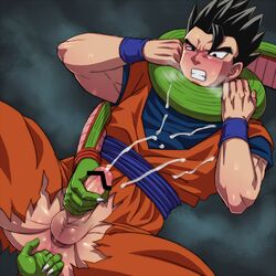 2boys anal anus bara black_hair blush boner censored clenched_teeth clothed clothed_sex clothing cum cumshot dragon_ball dragon_ball_z ejaculation erection fingering forced gay green_skin handjob male male_only male_rape_victim multiple_boys muscle orgasm penis penis_grab piccolo rape restrained son_gohan steam sweat teba_motoko torn_clothes yaoi