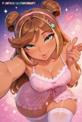 1girls ai_generated babydoll blonde_hair blush breasts brown_hair cleavage clothing covered_nipples dark-skinned_female dark_skin double_bun female female_only flora_(winx_club) freckles green_eyes hair_bun hair_ornament hairband hairclip hi_res highres human human_only large_breasts legwear lillith_inferna_arts lingerie lips logo long_hair looking_at_viewer makeup nail_polish nipples no_wings panties pantsu patreon persyarts pink_hairband puckered_lips purple_nails pussy_juice reaching reaching_towards_viewer see-through skindentation smile solo sparkle star_(symbol) star_hair_ornament sweat thick_thighs thigh_gap thighhighs thighs underwear watermark white_panties white_thighhighs wide_hips winx_club