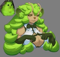 2d 2d_(artwork) 2d_artwork antennae antennae_(anatomy) breasts clothing female green_hair hamster marshviolet8 meme meme_reference shy solo yellow_eyes