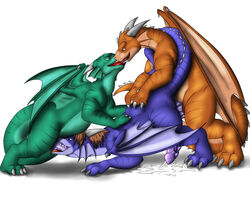 2013 cum dragon fellatio foulfrost group group_sex hands-free kissing male_only oral orgasm sex simple_background threesome white_background