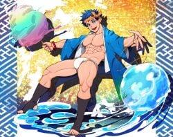 1boy abs bare_breasts bead_bracelet blue_eyes blue_hair breasts bulge bulge_through_clothing collarbone colorful colorful_background cotton_candy elemental_manipulation exposed_toes floating full_body fundoshi gay hachimaki happi_(clothing) happy headband hi_res holding_object japanese_clothes legs_apart levitation looking_at_viewer male male_only mature_male muscles muscular muscular_arms muscular_legs muscular_male muscular_thighs navel no_body_hair no_nipples open_clothes original original_character pecs pix_masakok quadriceps rokushaku_fundoshi short_hair six_pack socks solo toes water water_balloon water_elemental white_fundoshi yaoi young yoyo
