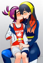 age_difference ai_generated black_hair blush brother_and_sister carmine_(pokemon) clothed_female hand_on_penis handjob incest kieran_(pokemon) kissing light-skin novelai older_female older_sister pants_pulled_down pokemon pokemon_sv pokemon_sv_teal_mask purple_hair sitting_on_lap undressing yellow_eyes younger_brother younger_male