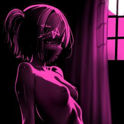 arm_support bob_cut breasts commentary completely_nude curtains dark doki_doki_literature_club english_commentary eyelashes female full_moon hair_between_eyes hair_ornament half-closed_eyes heart heart-shaped_pupils high_contrast implied_cunnilingus implied_sex jason_viera leaning_back loose_hair_strand monochrome moon natsuki_(doki_doki_literature_club) nipples nude open_mouth pink_eyes pink_hair pink_light pink_theme projektxi01 saliva shiny_skin short_hair small_breasts solo sweat swept_bangs symbol-shaped_pupils teeth two_side_up upper_body upper_teeth_only window x_hair_ornament