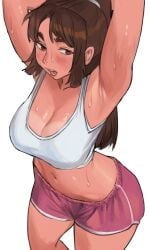 armpit_crease armpits belly_button big_breasts booty_shorts brown_eyes brown_hair dairenke_art dolphin_shorts fatal_fury huge_breasts mai_shiranui mai_shiranui_(casual) ponytail short_shorts shorts snk street_fighter street_fighter_6 sweat sweaty tank_top tanline warm