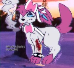 balls blood blue_eyes bodily_fluids bow_(feature) cigarette cigarette_in_mouth cigarette_smoke cutting cutting_self digital_media_(artwork) drugged eeveelution eyelashes feral generation_6_pokemon genital_fluids genitals gore gore_focus hi_res ibispaint_(artwork) jackrabbit_(artist) marshmallow_(jackrabbit) nintendo object_in_mouth paws peeing peeing_on_self photobashing photography_(artwork) pixelated pokemon pokemon_(species) ribbons_(anatomy) self-harm shaking smoke smoking smoking_cigarette snuff solo substance_intoxication sweat sylveon torture urine urine_on_self wounded