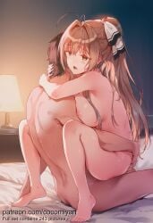 1boy 1girl 2026 ai_generated amagi_brilliant_park antenna_hair arms_around_neck barefoot bed bed_sheet bedroom black_hair blush bow breast_press breasts brown_eyes brown_hair cocomiyart completely_nude desk_lamp feet girl_on_top hair_bow hair_intakes hetero highres hug indoors lamp large_breasts long_hair nipples nsfw nude on_bed open_mouth ponytail sento_isuzu sex sidelocks sitting straddling sweat toes uncensored upright_straddle vaginal