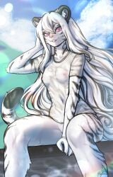 2025 absurd_res anthro areola biped black_stripes bottomless bottomless_anthro bottomless_female breasts claws clothed clothed_anthro clothed_female clothing cloud day digital_drawing_(artwork) digital_media_(artwork) felid feline female finger_claws fingers front_view fur handpaw hi_res inner_ear_fluff looking_at_viewer mammal markings navel nipples outside pantherine partially_clothed partially_clothed_anthro partially_clothed_female paws pizhma purple_eyes shirt shirt_only sitting sky smile solo striped_body striped_fur striped_markings striped_tail stripes t-shirt t-shirt_only tail tail_markings teeth tiger topwear topwear_only tuft wet wet_arms wet_body wet_clothing wet_fur wet_legs wet_shirt wet_t-shirt wet_topwear white_body white_fur white_hair white_tail