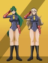 alternate_costume big_breasts breasts capcom corrin_(fire_emblem) corrin_(fire_emblem)_(female) corruption dlobo777 expressionless femsub fire_emblem fire_emblem_fates fire_emblem_the_blazing_blade green_eyes green_hair hypnosis lyndis lyndis_(fire_emblem) nintendo saluting shadaloo_dolls simple_background street_fighter thigh_gap
