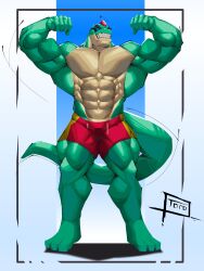 abs bara big_chest big_pecs big_thighs brawl_stars buff bulge buzz_(brawl_stars) chest gay grin huge_chest huge_pecs huge_thighs lizardman muscular pecs shorts smile thick_thighs v_line yaoi