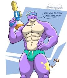 abs bara biceps big_chest big_pecs big_thighs bodybuilder brawl_stars bulge butt_bulge chest dinosaur gay gun holding_hips huge_chest huge_pecs huge_thighs lizardman muscular pecs pee_on_legs pierce_(brawl_stars) piss_on_body speedo thick_thighs water_gun watergun yaoi