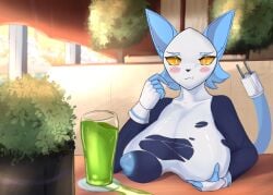 1girls almost_naked anthro areola background beverage big_breasts biped blue_tail blushing_at_viewer breasts cafe cute darkner deltarune digital_drawing_(artwork) drinking_glass felid feline furry furry_female glass glass_container glowing_eyes horny horny_female looking_at_viewer machine mammal nipples ratxiao robot robot_anthro solo table tail tasque_manager_(deltarune) torn_clothing torn_dress undertale_(series) unusual_tail wardrobe_malfunction yellow_eyes