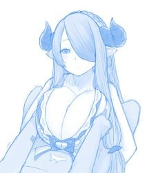 1boy bare_shoulders blush braid breasts cleavage closed_mouth draph ekz_(robotekz) female granblue_fantasy half-closed_eyes highres horns huge_breasts large_breasts long_hair looking_at_another monochrome narmaya_(granblue_fantasy) one_eye_covered paizuri ribbon simple_background white_background