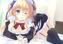 1girls bed bed_sheet bekotarou big_breasts blue_eyes garter_belt looking_at_viewer maid_uniform original solo_female solo_focus tagme thighhighs yellow_hair