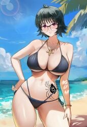 ai_generated ass_visible_through_thighs beach bikini black_bikini black_hair blue_sky blush bracelet breasts cleavage cloud collarbone cross cross_necklace day female glasses hand_on_hip hunter_x_hunter jewelry large_breasts looking_at_viewer navel necklace ocean outdoors palm_tree shizuku_murasaki short_hair sky smile solo swimsuit tattoo zeulzin