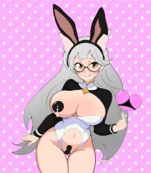 belly_button big_breasts breasts cat_ears cat_girl covered_nipples covered_pussy female goggles heart huge_breasts long_hair mole_under_eye moles_under_eyes pattern_background rabbit_ears snezha snezhok thick_thighs virtual_youtuber vtuber white_hair yellow_eyes