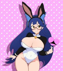 belly_button_visible_through_clothing big_breasts blue_hair breasts cat_ears cat_girl female goggles heart huge_breasts long_hair mole_under_eye moles_under_eyes pattern_background rabbit_ears snezha snezhok thick_thighs virtual_youtuber vtuber yellow_eyes