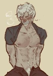1boy blue_eyes blush bondage dante dante_(devil_may_cry) devil_may_cry devil_may_cry_4 gagged hantaronii male muscles muscular muscular_male six_pack solo_male tied_up topless white_hair