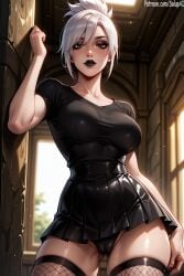 1girls ai_generated black_lipstick black_makeup black_nails black_panties brown_eyes cameltoe female female_only fishnet_thighhighs fishnets goth goth_girl league_of_legends league_of_legends:_wild_rift looking_at_viewer medium_breasts panties patreon pleated_skirt riot_games riven salupai short_hair short_ponytail skirt solo solo_female standing thighs topwear uncensored watermark white_hair