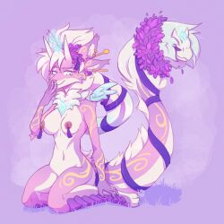 absurd_res anthro female flower_wreath fox_spirit hi_res horn lionbun living_tail multiple_piercings neckfluff nipple_piercing nipples piercing ribbons scaled_legs sitting sitting_on_ground solo tail tail_head unusual_anatomy unusual_tail wings