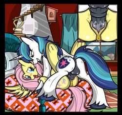 2017 animal_genitalia animal_penis animal_pussy anus ball bed blue_eyes blush cutie_mark duo equine equine_penis equine_pussy erection eye_contact female feral fluttershy_(mlp) friendship_is_magic hair horn horsecock inside male mammal my_little_pony on_bed paperlover pegasus penetration penis pink_hair pussy pussy_juice sex shining_armor_(mlp) spread_legs spread_wings spreading straight unicorn vaginal_penetration window wings