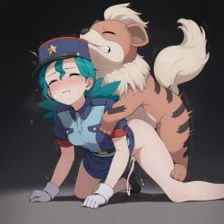 1boy 1girls ai_generated bottomless female growlithe male officer_jenny_(pokemon) partially_clothed pokemon pokemon_(species) pokemon_rgby pokephilia police raped
