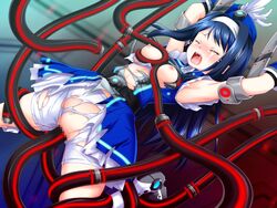 belt blood blue_hair boots breast_grab breasts censored female futaba_aoi gloves hat kirisawa_shinji large_breasts nipples rape restrained screaming suspended tears tentacle tentacle_rape torn_clothes vaginal_blood vaginal_penetration virgin virginal_blood vividred_operation