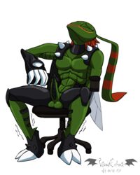 alpha_channel antennae anthro armor arthropod balls blush chair claws closed_eyes clothing digimon erection gauntlets gloves green_skin hair humanoid insect_wings insects male_only muscular penis red_hair shaking simple_background sitting spikes spread_legs spreading stingmon sweat vibrantechoes wings