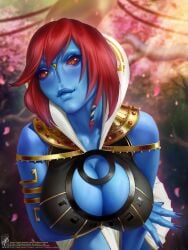 1girls alien alien_girl alternate_version_available arm_under_breasts big_breasts blue_body blue_lipstick blue_skin boob_window breasts cherry cherry_blossoms cleavage cleavage_window ethereal ethereal_(warhammer) fancy_clothing female gold_(metal) gold_jewelry jewelry leaning leaning_forward lipstick nail_polish nailpolish red_eyes red_hair red_hair_female revealing revealing_clothes short_hair solo solo_female tau themaestronoob warhammer_(franchise) warhammer_40k