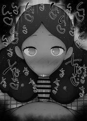 1boy 1girls :>= big_breasts big_penis black_and_white blush censored dark-skinned_female dark-skinned_male dark_skin detailed_background dress drooling eyelashes fellatio female female_focus forehead_jewel gundam gundam_gquuuuuux heart human indian indian_female indoor inside kurotama lalah_sune looking_at_viewer male male_pov oral oral_sex penis room saliva shiny shiny_skin short_hair sketch sound_effects squatting sweat text vein veins veiny veiny_penis