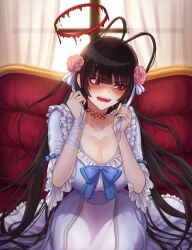 absurdres antenna_hair black_hair blue_archive blue_ribbon blush breasts cleavage closed_mouth commentary curtains dress female flower hair_flower hair_ornament highres huge_breasts indoors long_hair looking_at_viewer pink_flower raoul_(raoul77) red_eyes ribbon sitting solo sweat tsurugi_(blue_archive) white_dress window