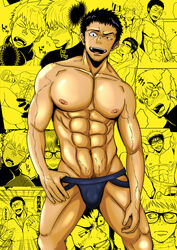 1boy abs anal arms_behind_back arms_behind_head arms_up bara black_hair blue_jockstrap blue_underwear bulge facial_hair glasses human human_only jockstrap jockstrap_only looking_at_viewer male male_focus male_only mayugeyama mouth_open multiple_boys muscle muscles muscular muscular_male nipples open_mouth pecs presenting pubic_hair shirtless six_pack solo solo_focus solo_male tongue tongue_out topless underwear underwear_only veiny_muscles yellow_background